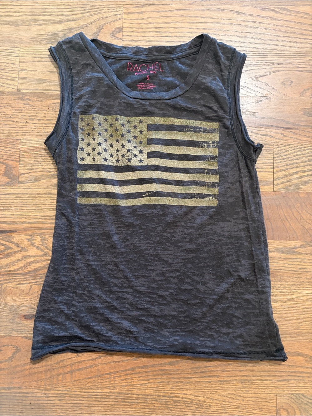 Rachel Black Tank Top with Gold American Flag Graphic, Size S, GUC